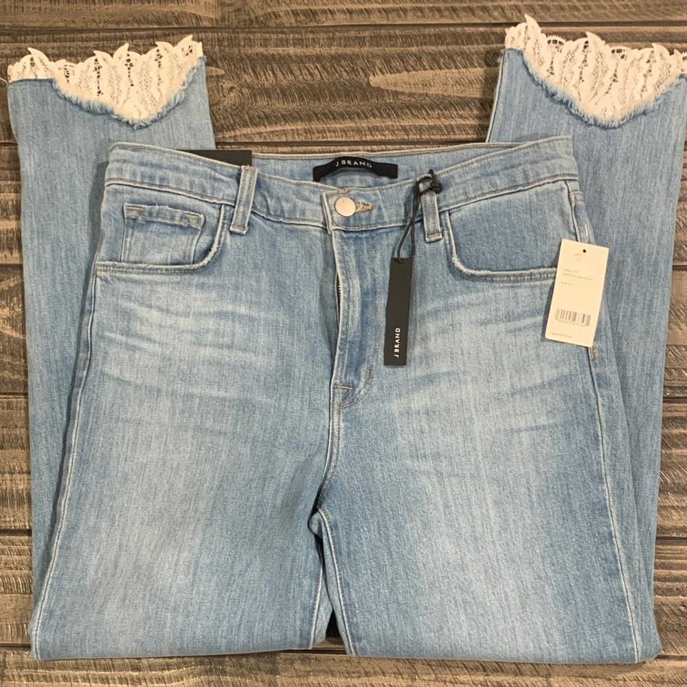 J Brand Light Blue Cropped Jeans with Lace Trim